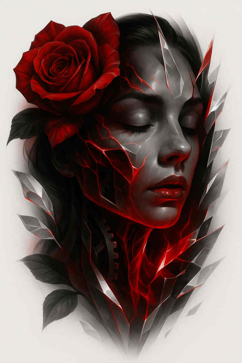 Black and grey portrait of a woman's face with a red rose in the hair; AI-generated project idea; suitable for cover-up.