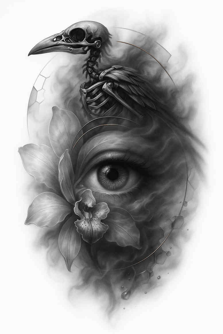 Raven, skull and eye tattoo concept in black and grey; grayscale project idea with cover-up potential.