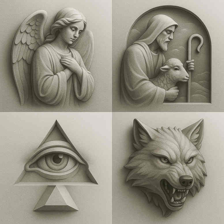 Black and grey four-panel tattoo design concept showing an angel, Virgin Mary figure, an eye in a triangle, and a snarling wolf; project idea; suitable for cover-up.