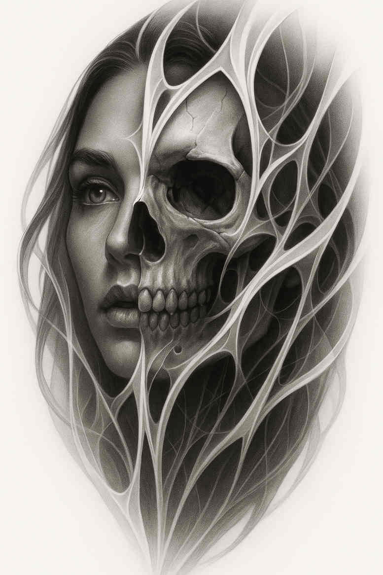 Black and grey realism tattoo concept: a woman's face merging into a skull under a veil-like mesh; project idea, cover-up ready.