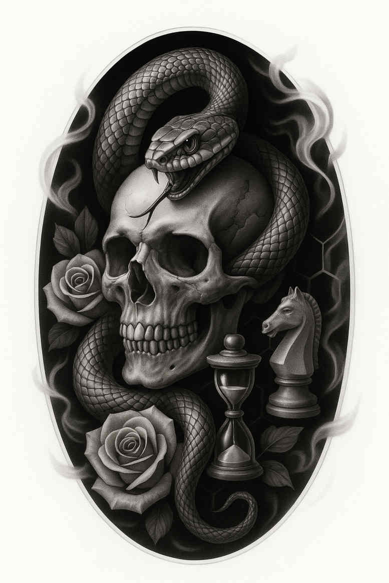 Dark grayscale tattoo design featuring a skull, a coiled snake, and a rose; black and grey realism project idea with strong cover-up potential.