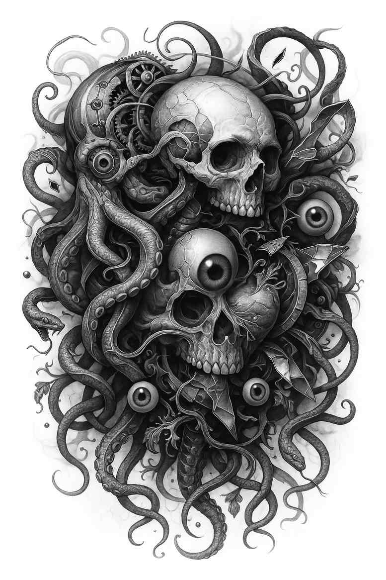 Dark and grey skulls with twisting tentacles, a black and grey tattoo design concept; AI-generated cover-up idea with strong contrast.