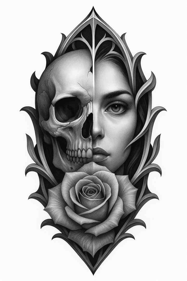 Skull and woman portrait in black and grey with a rose and ornamental frame; a tattoo design concept, AI-generated, suitable for cover-up.
