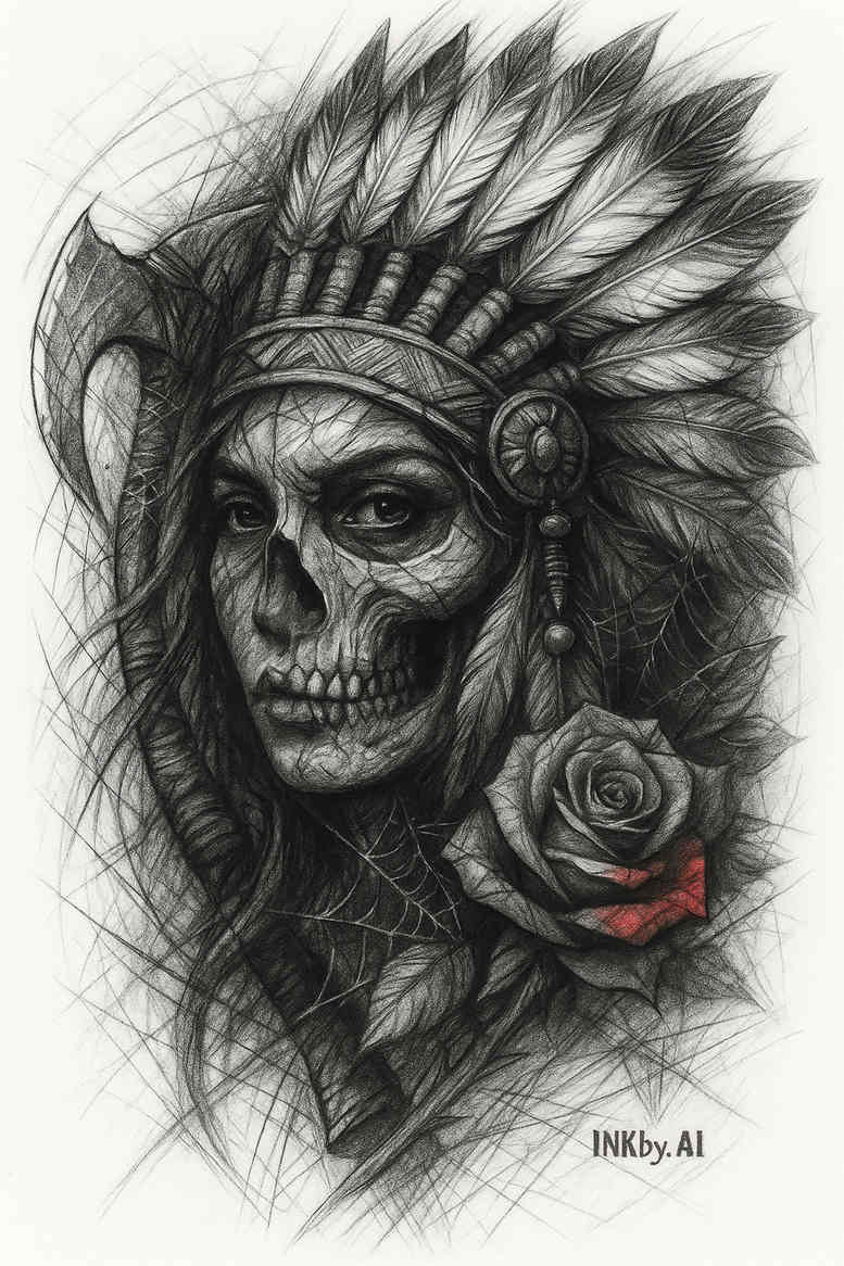Skull with Native American feathered headdress and a rose in grayscale, shown as a project/idea for a tattoo design, suitable for cover-up considerations.