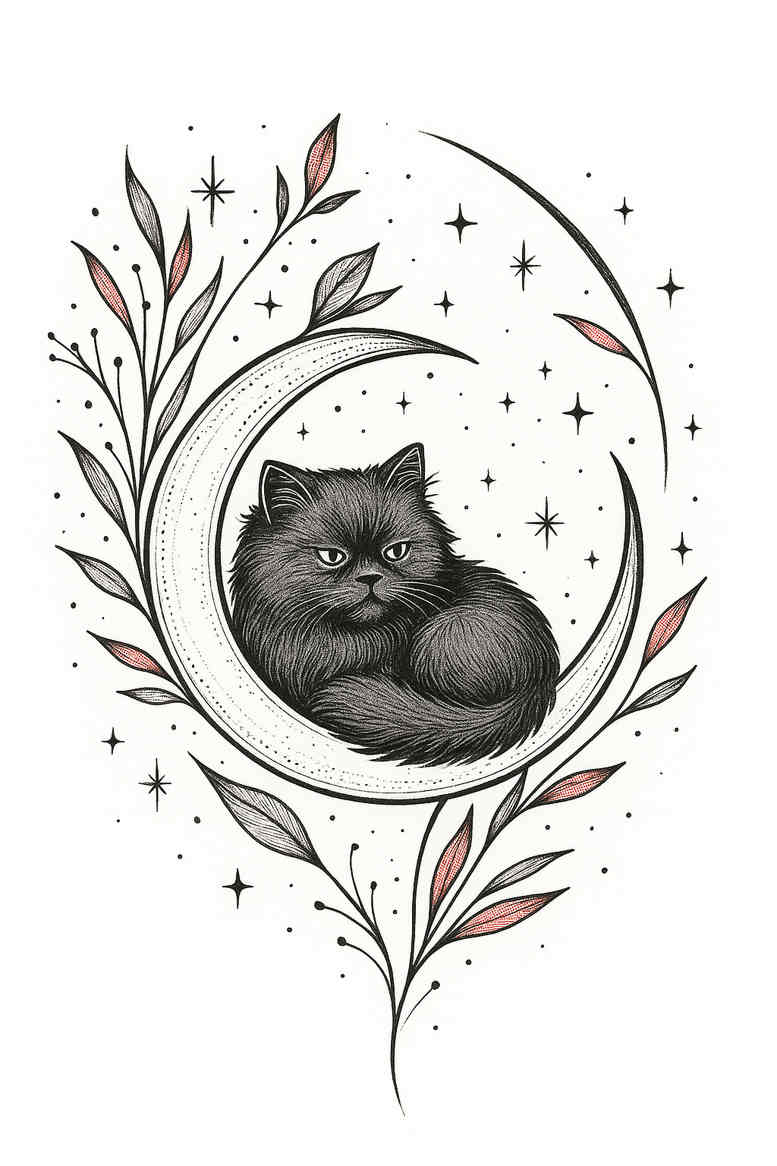 A black and grey tattoo concept showing a sleeping cat curled inside a crescent moon frame with leaves and stars; a project idea.
