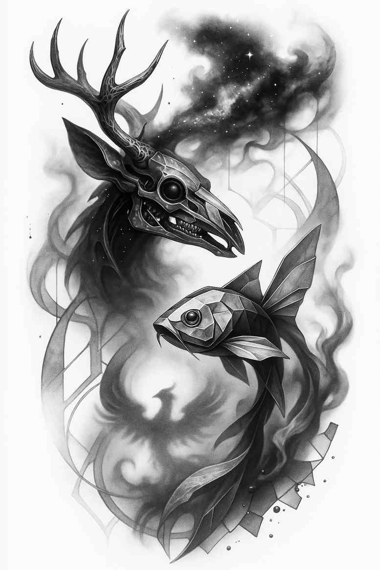 Stag heads in black and grey realism, two deer silhouettes with antlers amid smoke; a concept tattoo design, cover-up suitable.