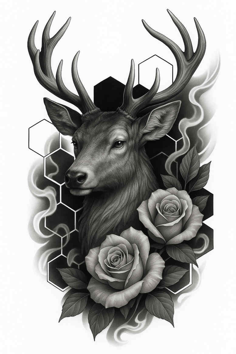 Black and grey stag head tattoo in grayscale with antlers and roses, a project idea suitable for cover-up.