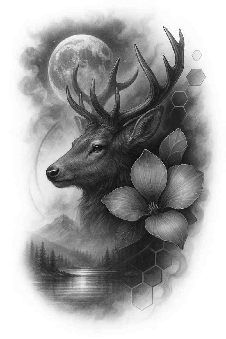 Stag with moon and flower tattoo in black and grey – concept idea, AI-generated, cover-up suitable.