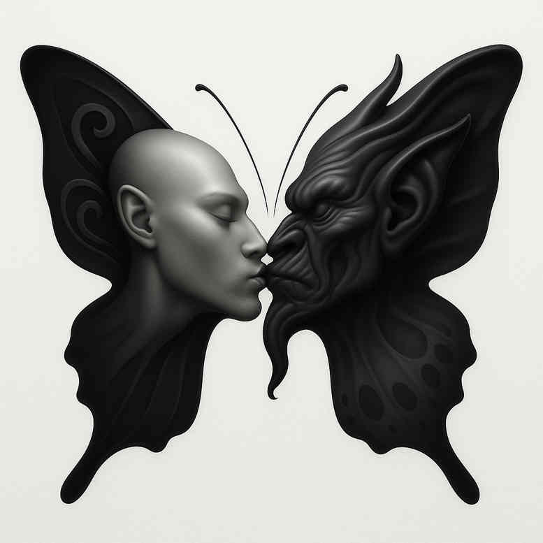 Two mirrored faces in black and grey with bold butterfly wings; a project tattoo idea, cover-up ready.