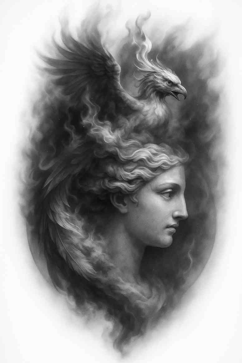 Black and grey tattoo design featuring a dragon merging with a woman's profile in a smoky, surreal composition; AI-generated concept; cover-up suitable.