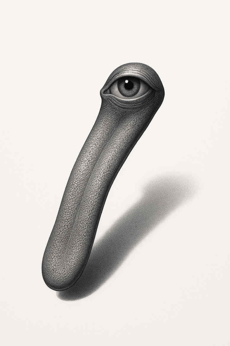 A single elongated, smooth tube-like form with an eye at the top, rendered in black and grey; a concept tattoo design, not colored.