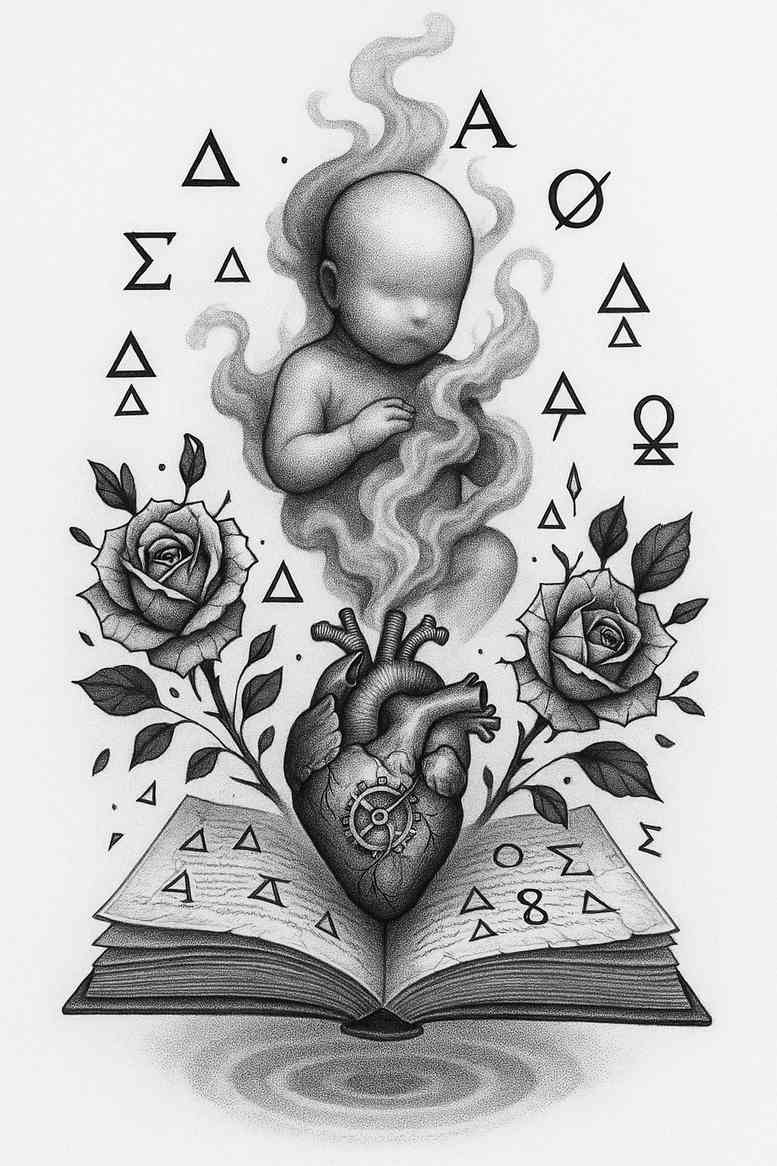 Fetus-like baby emerging above a detailed grayscale heart and open book, surrounded by geometric triangles and roses; black and grey tattoo, project idea.