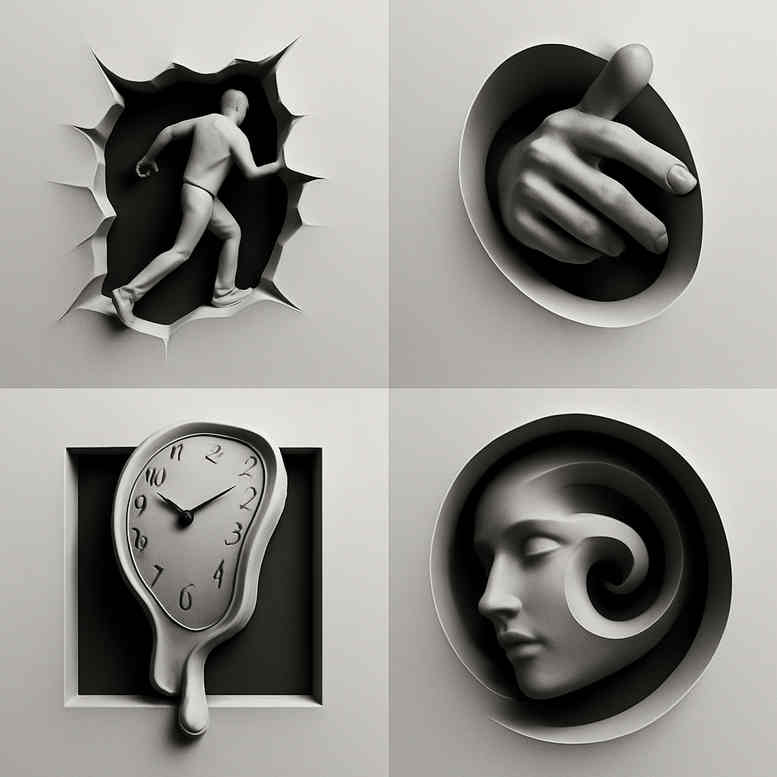 Black and grey four-panel tattoo design displaying a torn hole frame, a hand in a circle, a melting clock, and a woman's face; AI-generated project idea, not ideal for cover-up.