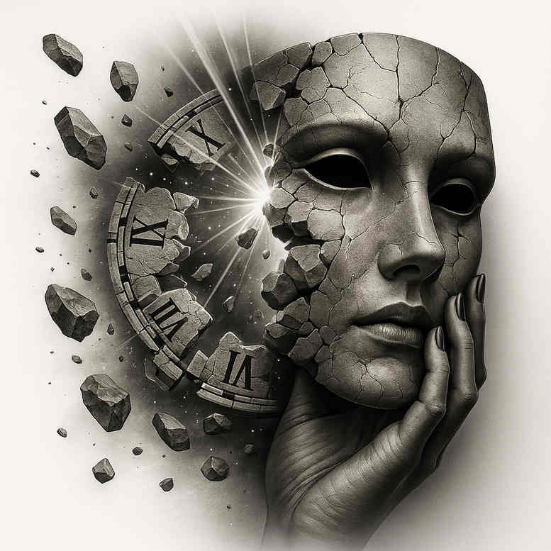 Portrait of a woman's head in black and grey with a shattered clock motif, AI-generated tattoo concept, suitable for cover-up.