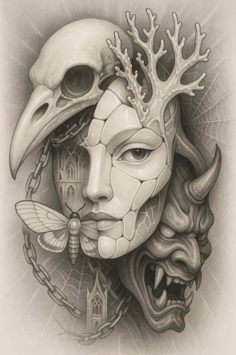 Portrait-style grayscale tattoo design of a human face merged with a raven skull and deer antlers; black and grey, project concept.