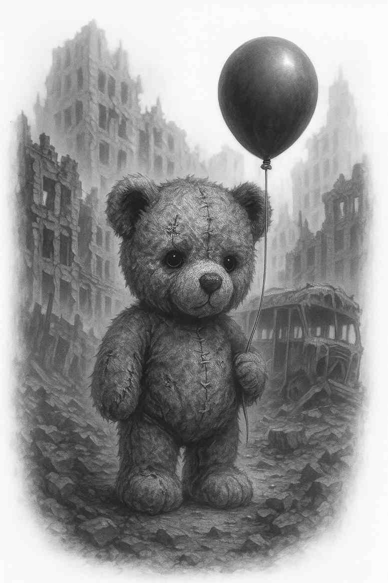 A grayscale teddy bear holding a round balloon stands before a shadowy cityscape; a black and grey tattoo concept, ideal for a cover-up project.