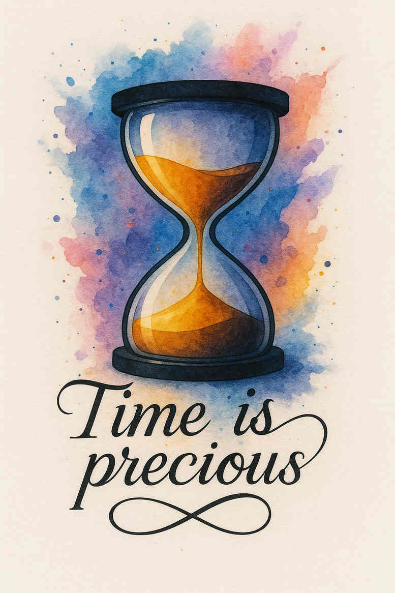 Time is precious watercolor hourglass tattoo design in color; this project idea features a vivid splash around a classic hourglass with sand and script Time is precious.