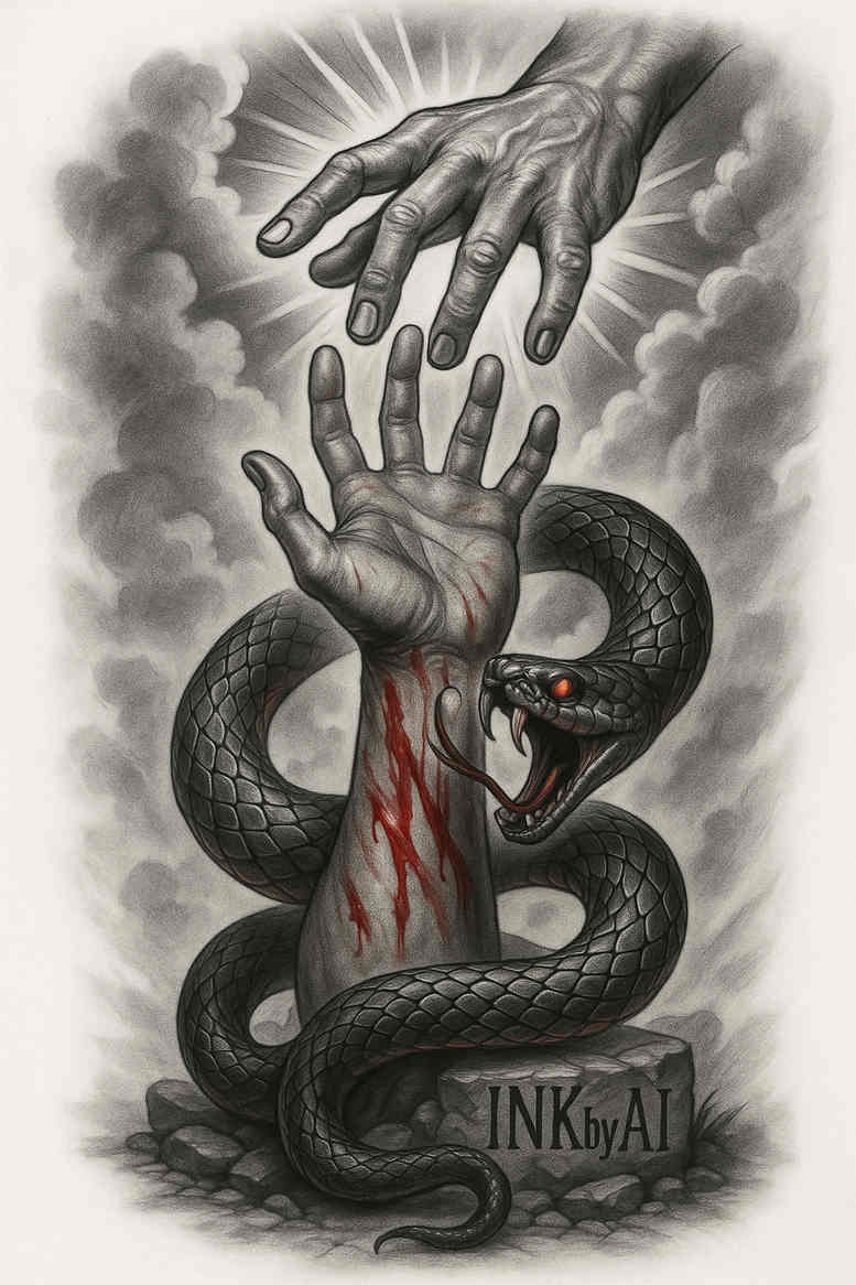 Black and grey tattoo design concept featuring a hand, a coiled snake, and blood on the wrist, with moody clouds; AI-generated cover-up idea.