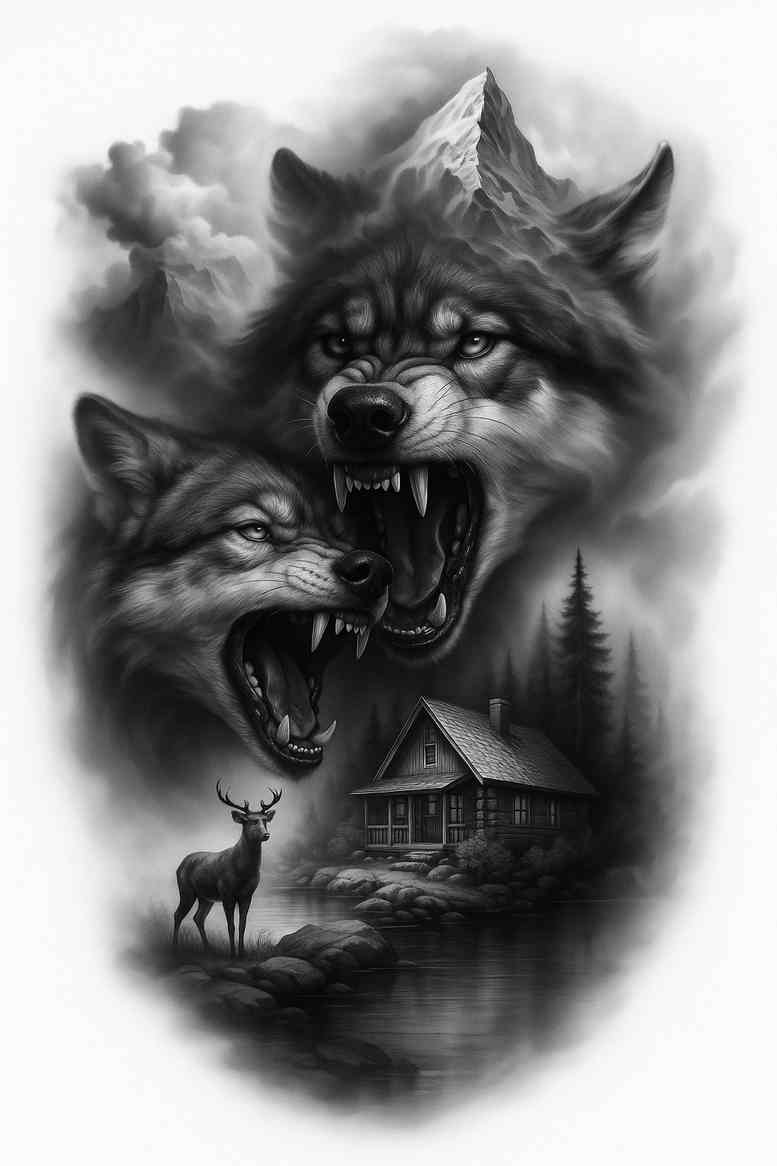 Two snarling wolves in a moonlit forest with a distant cabin, rendered in black and grey; a project/idea for a cover-up-ready tattoo design.