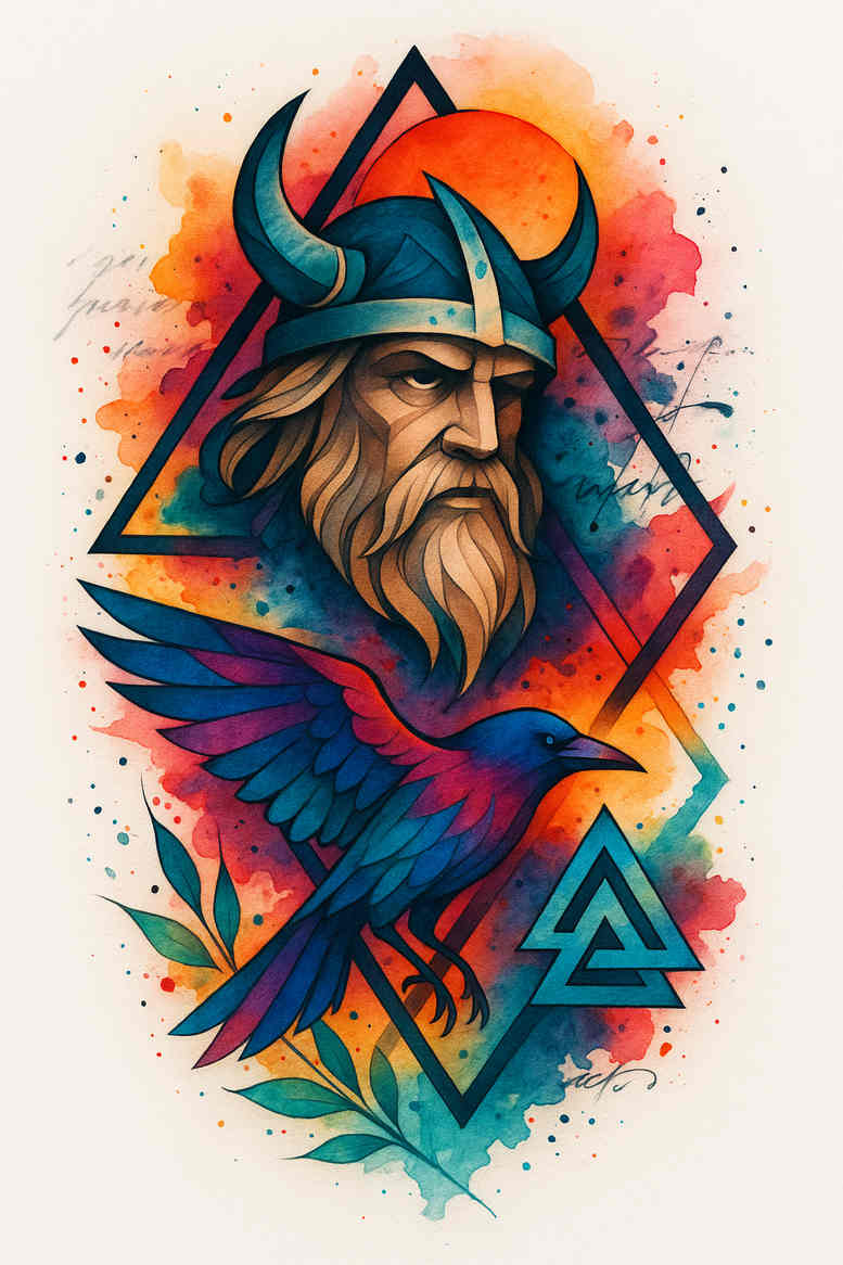 Viking elder with phoenix and geometric shapes in bright colour; AI-generated project concept for a tattoo, not a cover-up.