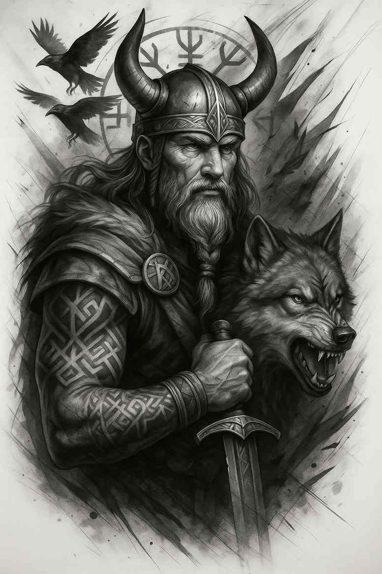 A black and grey tattoo concept featuring a Viking warrior with a horned helmet standing beside a fierce wolf; project idea rendered in grayscale; cover-up ready.