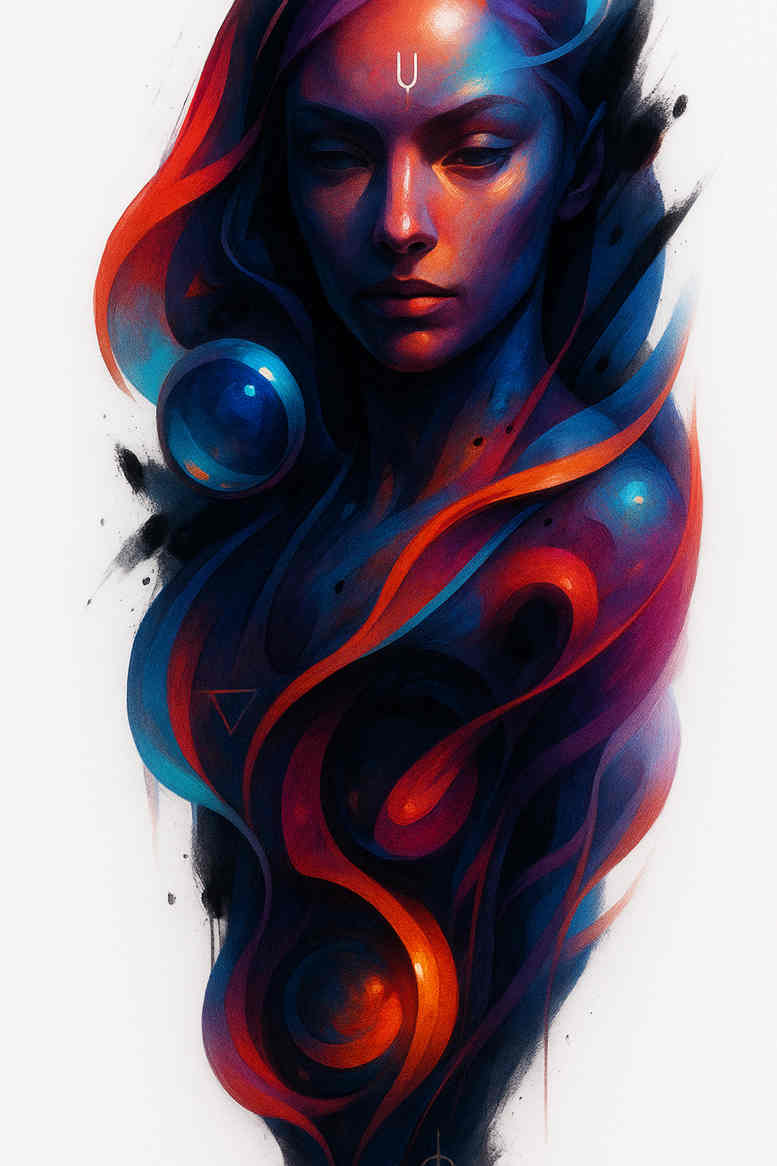 Portrait of a woman with flowing red and blue hair in vivid color; watercolor-inspired tattoo idea; project concept.