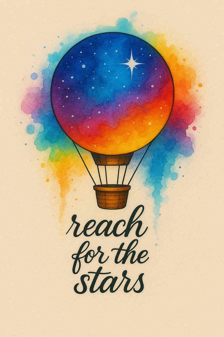 Colored watercolor hot air balloon with stars and script text; color tattoo concept, project idea, not suitable for cover-up.