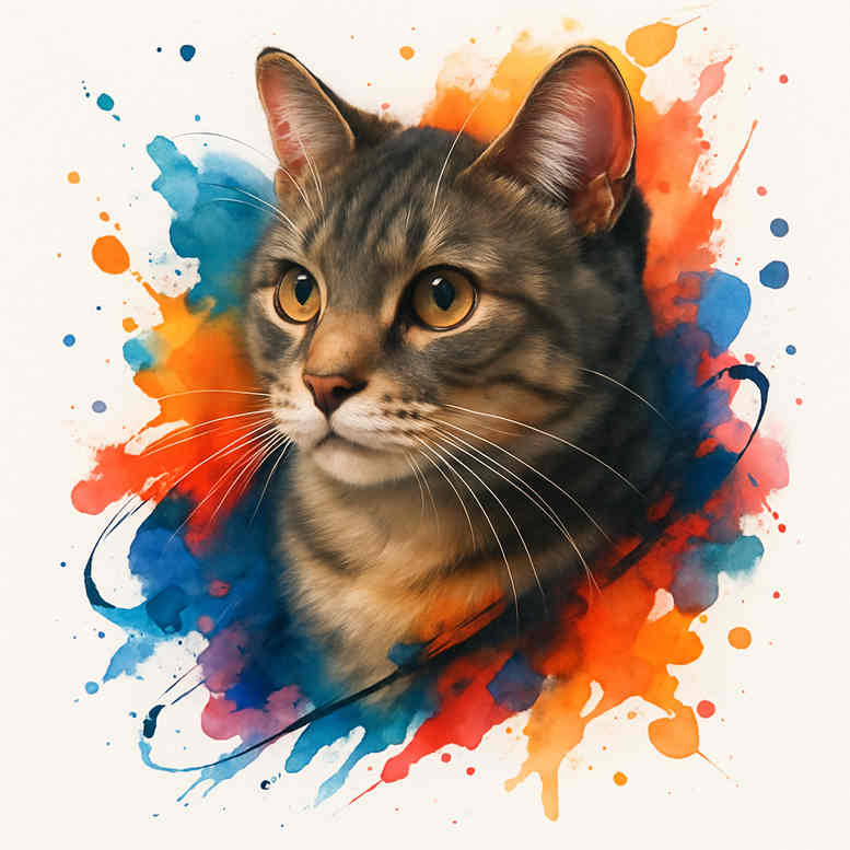 Colorful watercolor cat portrait tattoo design idea, featuring a realistic cat head with vibrant color splashes, a bold wearable artwork concept.
