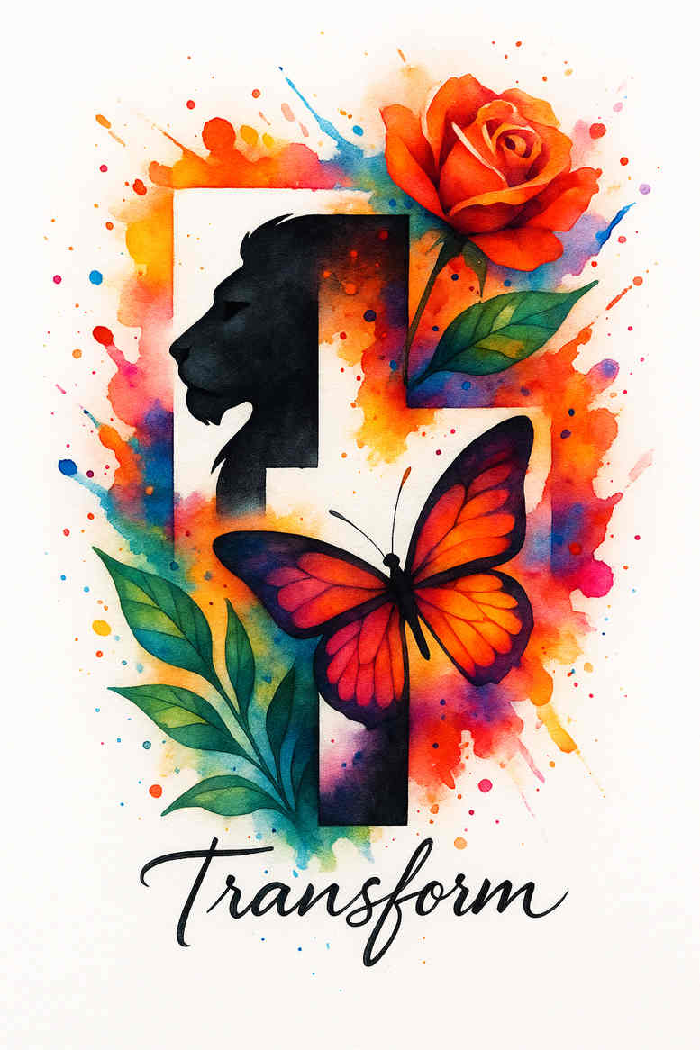 Colorful watercolor tattoo design featuring a bold cross, butterfly, and rose cluster; color illustration; concept artwork; suitable for a cover-up.
