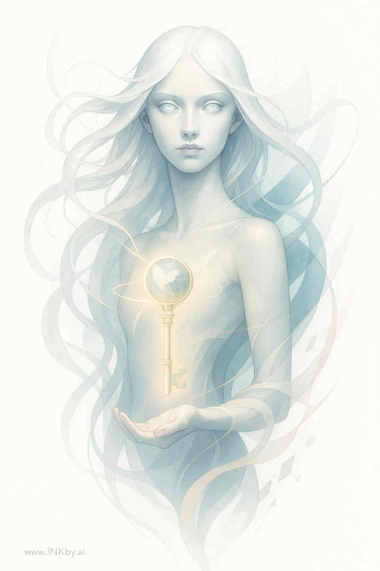 Color watercolor tattoo idea: a pale ethereal woman with flowing hair and a glowing pendant, rendered in luminous color; concept for a small to medium tattoo design.