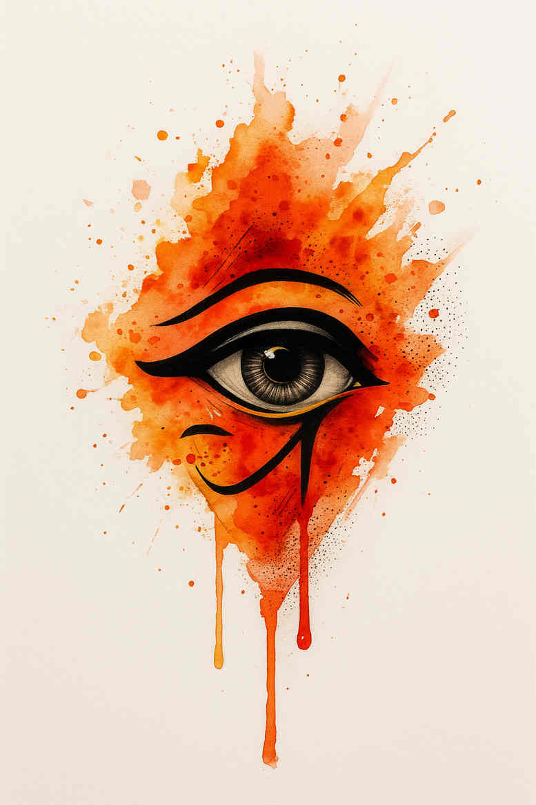 Eye with orange watercolor splash, in color; concept art for a tattoo project, with a dripping splash and bold linework.