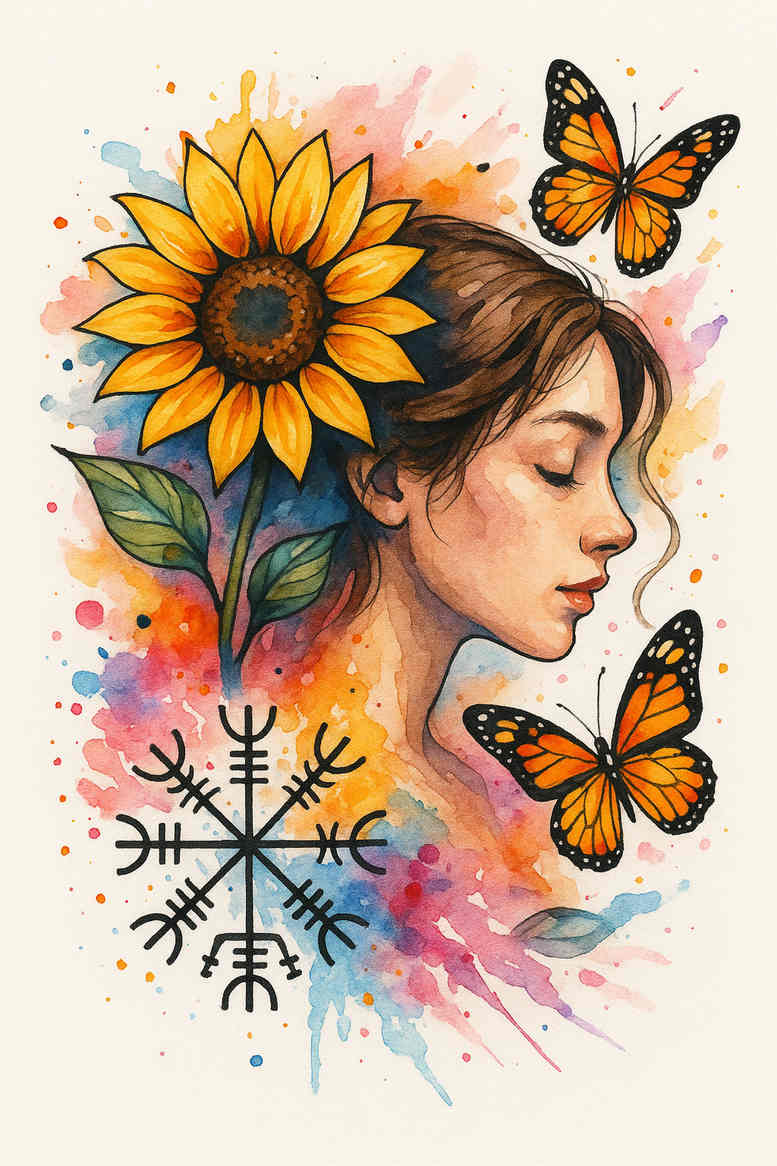 Colorful watercolor tattoo idea of a woman's profile surrounded by sunflowers and butterflies; color illustration; project idea; not specifically suited for cover-up.