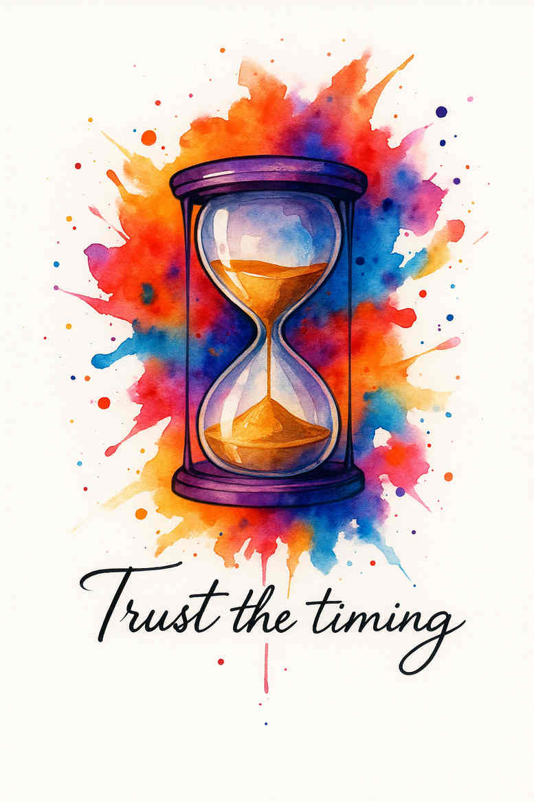An hourglass rendered in colorful watercolor with splashes around it, showing the phrase 'Trust the timing'; color tattoo, conceptual project idea.