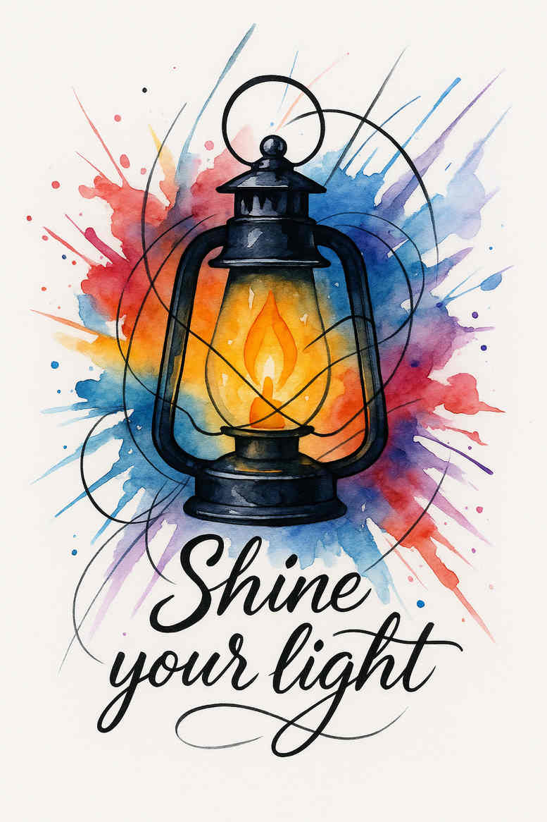 Color tattoo design of a watercolor lantern with a warm glow and rainbow splashes, presented as a project/idea; not specifically for cover-up.