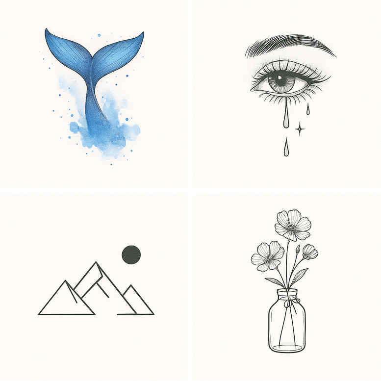 Colorful tattoo design in watercolor and line art featuring a tail, an eye, triangles, and a vase with flowers; project idea; suitable for colored ink; not a cover-up.