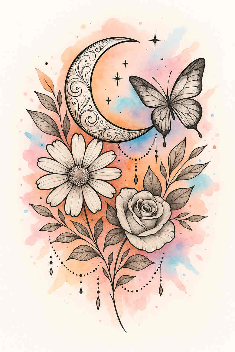 Colorful watercolor tattoo concept with a crescent moon, a rose and daisy bouquet and a butterfly; color study and project idea, suitable for cover-up if desired.