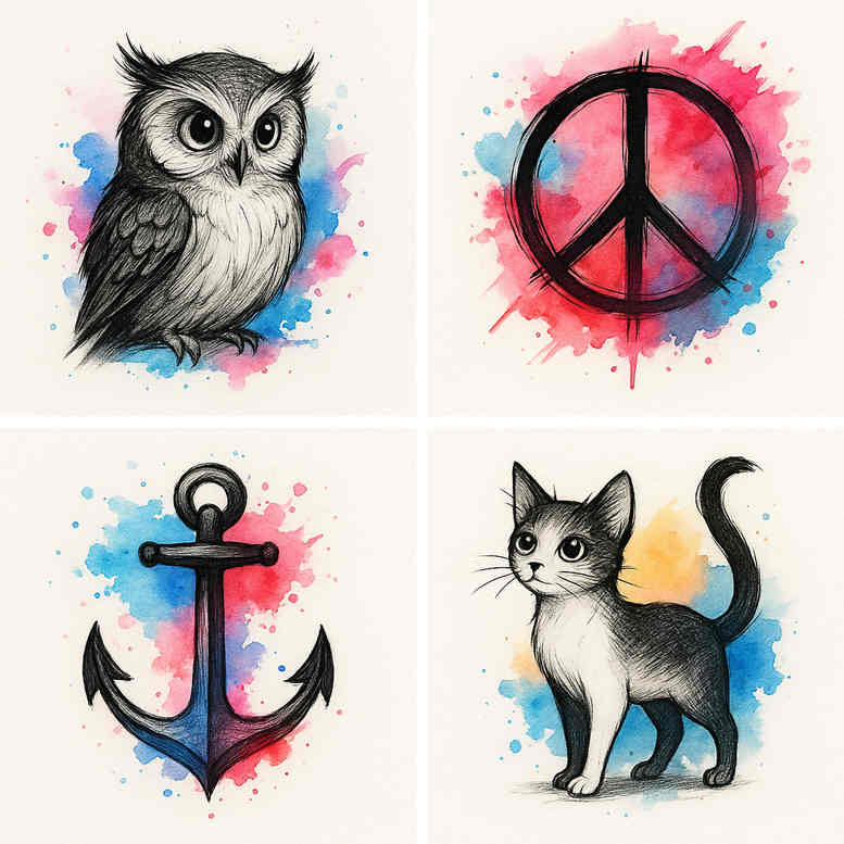 Owl, peace sign, anchor and cat in color watercolor; project idea for a tattoo design.