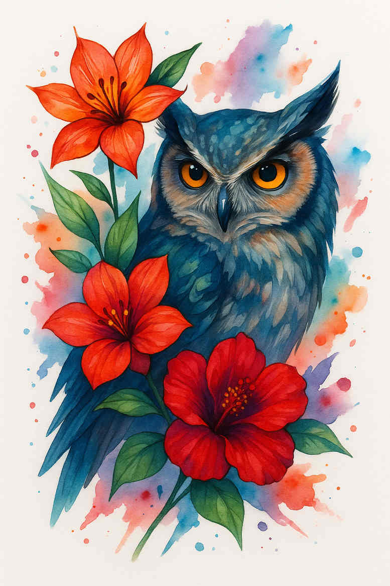 Colorful watercolor owl perched among red flowers and blue-green leaves; color tattoo design concept, not a finished piece.