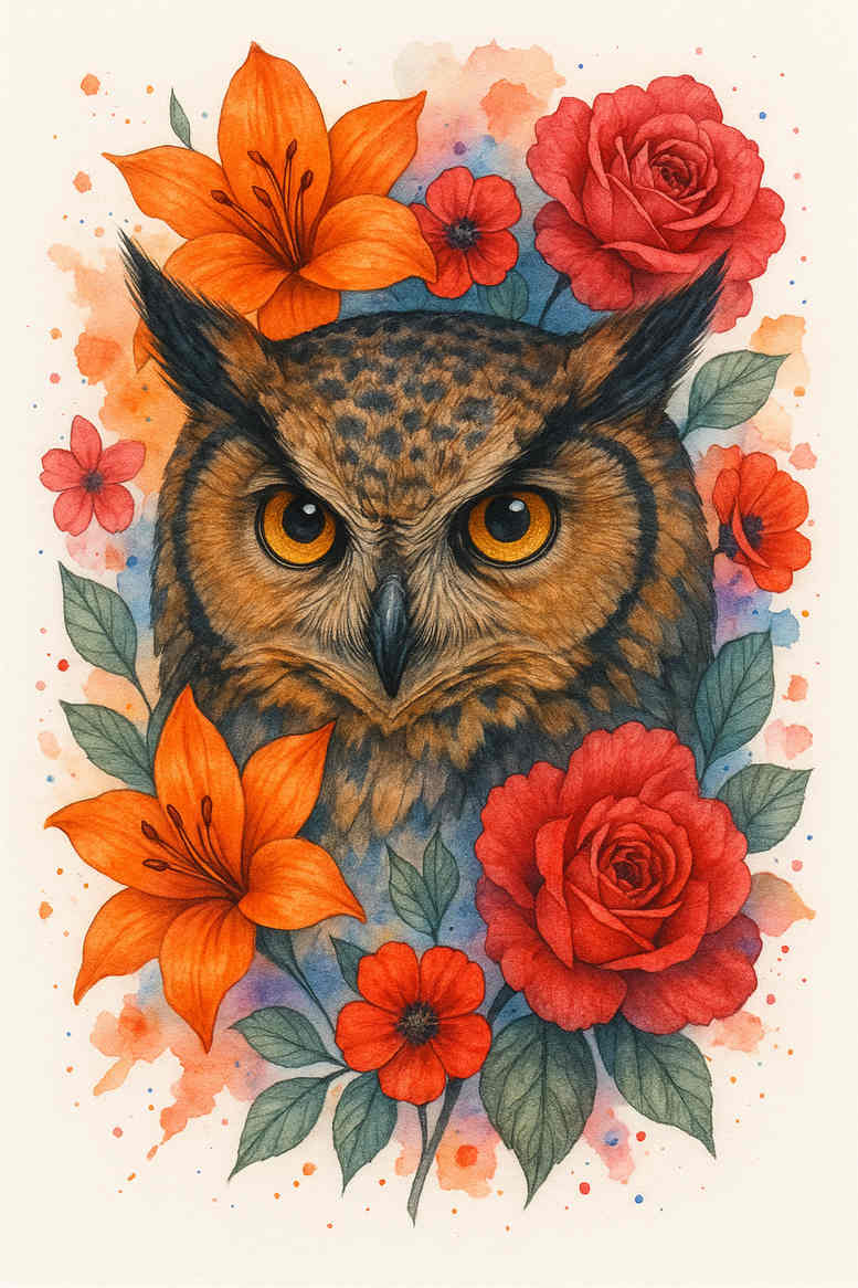 Owl portrait in vibrant watercolor colors surrounded by orange lilies and red roses; color tattoo concept, project idea, not suitable for cover-up.