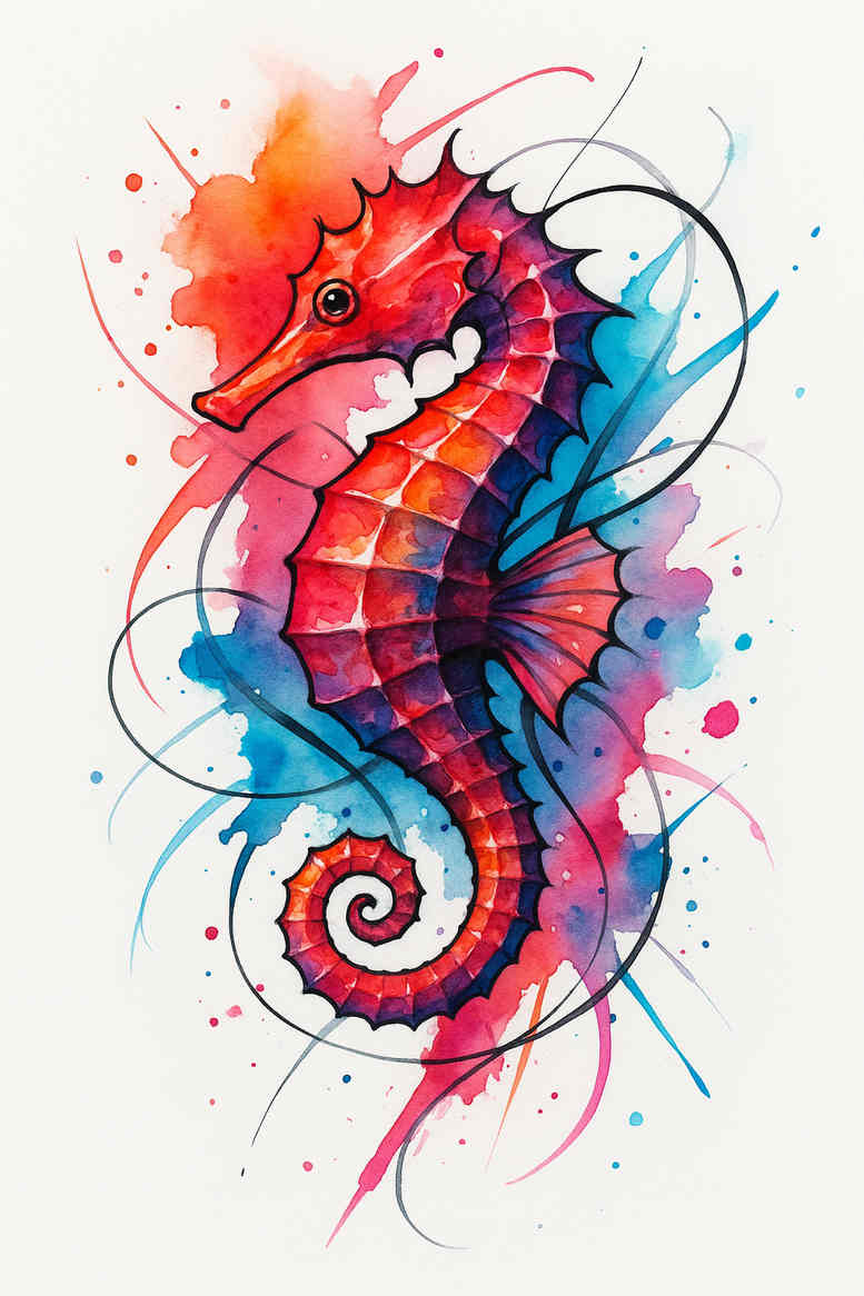 Colorful watercolor seahorse tattoo design on a white background; color-rich splashy composition, a project idea, not final.