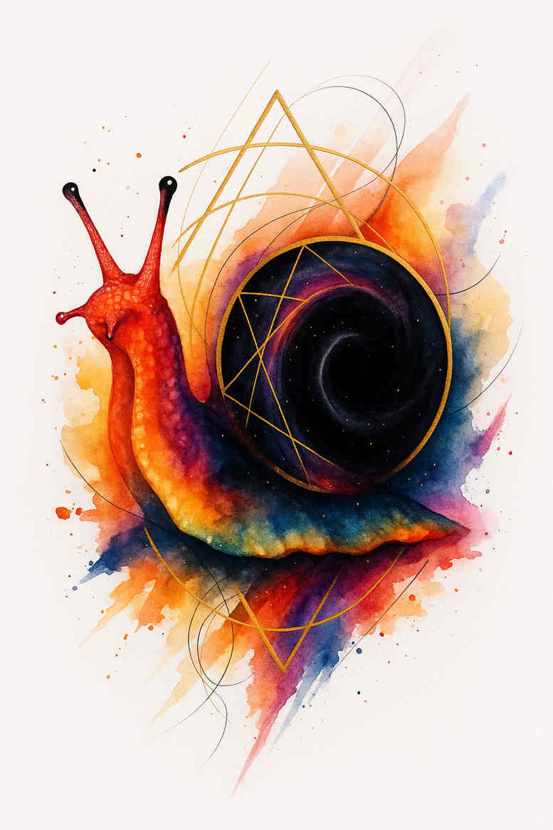 Colorful watercolor snail tattoo design in color; concept art for a tattoo project showing snail, shell, tentacles and geometric linework.