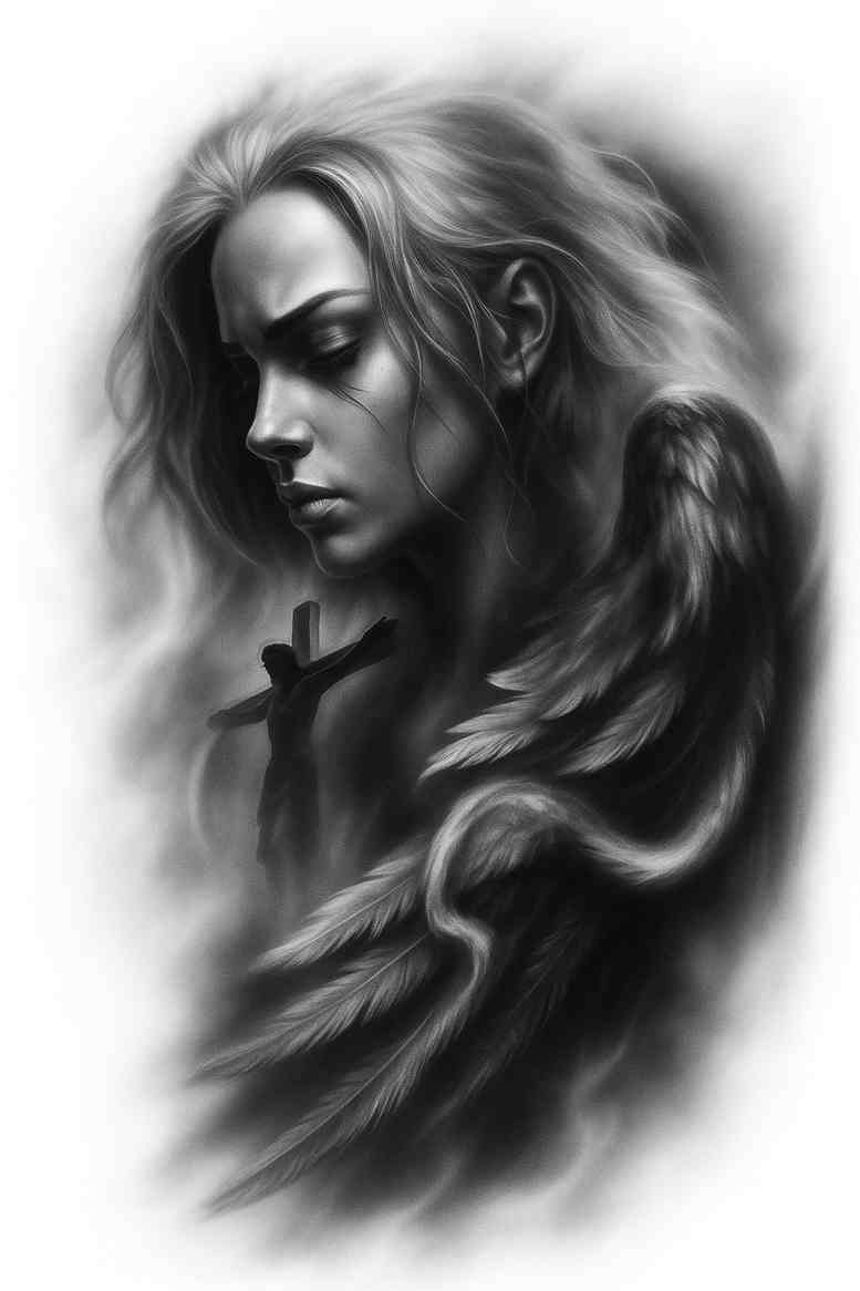 Portrait of a woman with flowing hair and wing-like shadows in black and grey, concept tattoo idea; cover-up suitable.