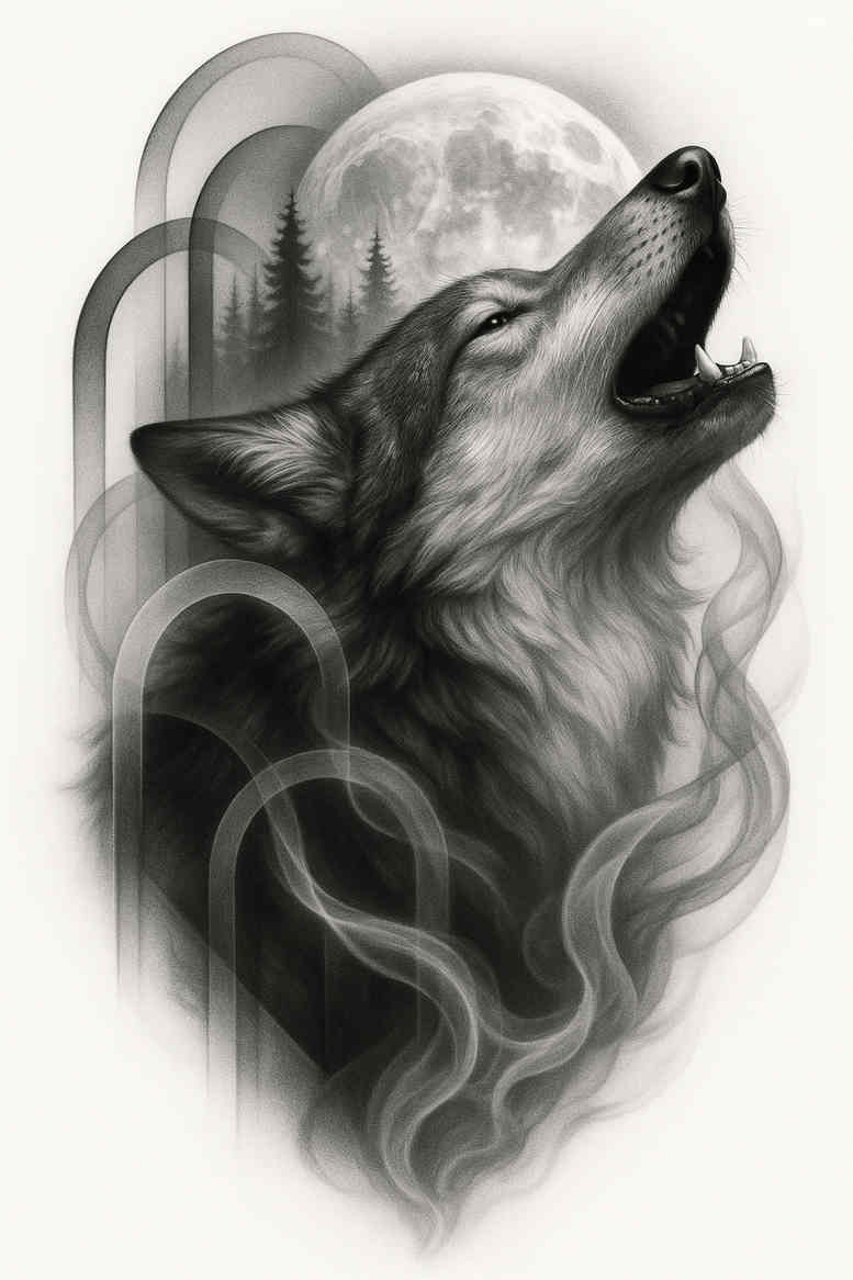 Black and grey wolf head tattoo with moon and smoke, a project concept; AI-generated, suitable for cover-up.