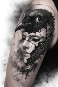 Raven perched over a grayscale woman's portrait with shading and feathers, black and grey tattoo design, AI-generated concept, perfect for cover-up.