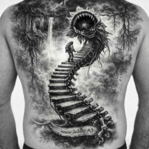 Black and grey realism tattoo on the back: a spiraling staircase coils around a dragon above a lone climber in a dark forest; AI-generated concept; perfect for a cover-up.
