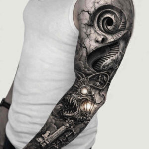 Black and grey biomechanical sleeve tattoo on forearm, a project concept in progress; AI-generated, ideal for cover-up.