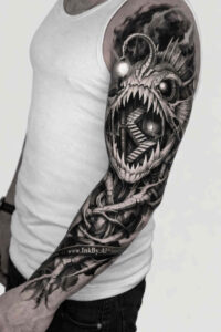 Black and grey monstrous demon head tattoo on the forearm; AI-generated project, perfect for cover-up.