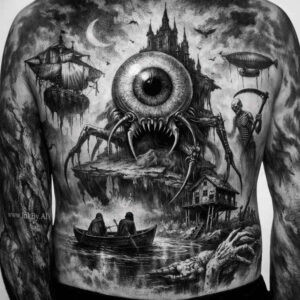 Surreal back tattoo design with eye and seascape – cover-up Black and grey tattoo, a giant eye dominates the back above a seascape with a distant city and moon; project idea, cover-up friendly.