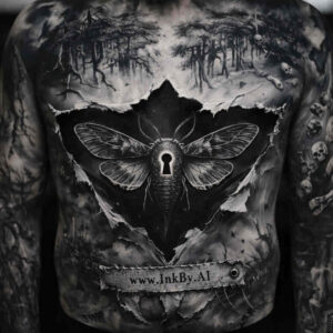 Back tattoo in black and grey; AI-generated concept of a moth with a keyhole on its thorax, framed by trees, with a bottom banner; ideal for cover-up.