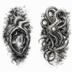 Heart and octopus tattoo design in black and grey realism; grayscale concept (idea) ready for a cover-up.